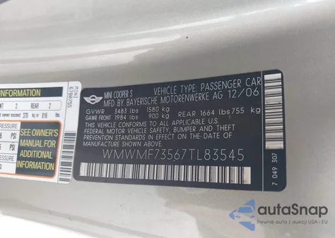 2007 Mini Cooper S из США, поврежденный, VIN WMWMF73567TL83545